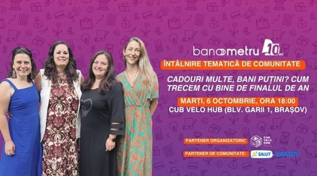Afiș pentru Întâlnire tematică de comunitate: Cadouri multe, bani puțini? Cum trecem cu bine de finalul de an
