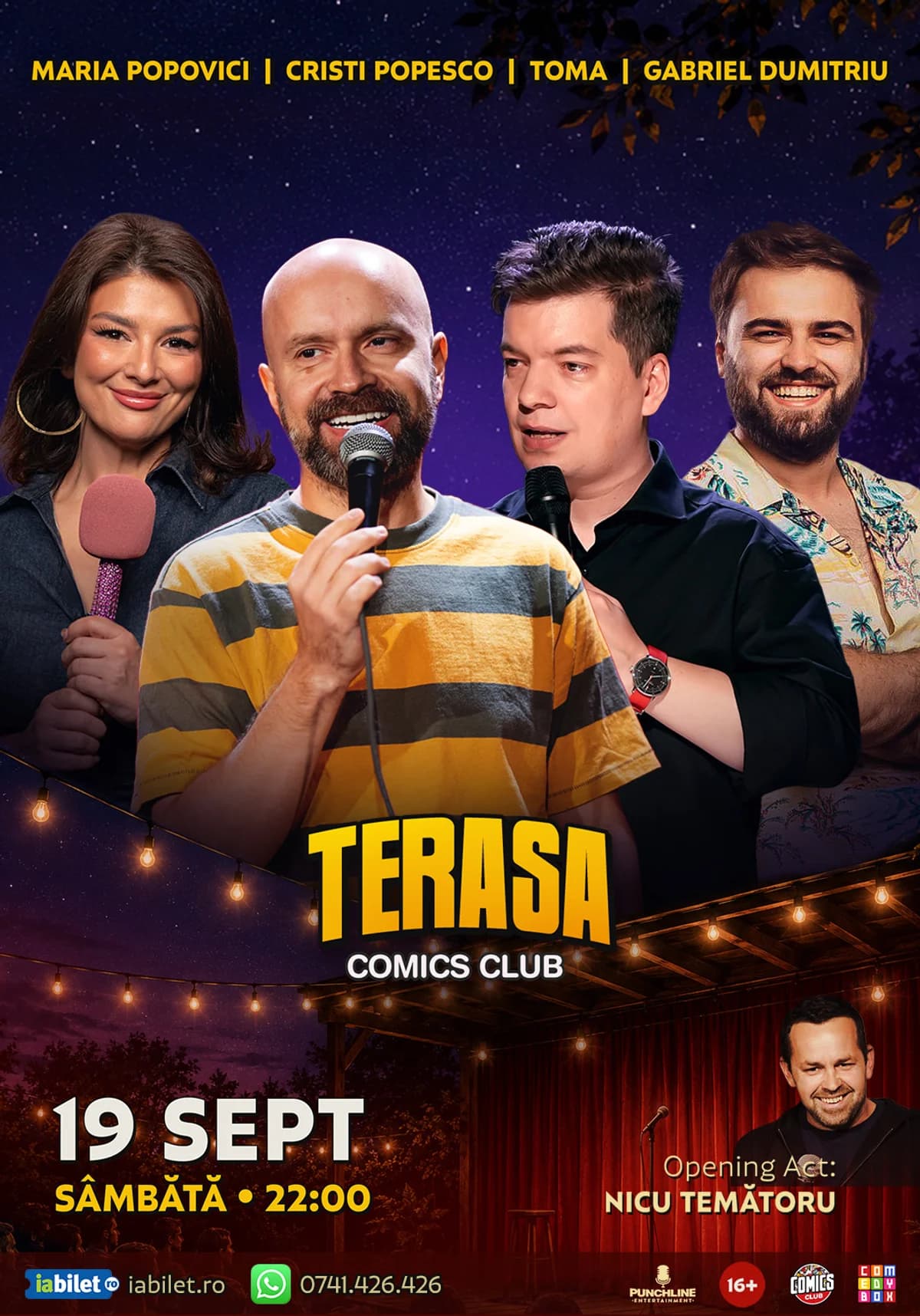 Afiș pentru Stand-up cu Cristi Popesco, Toma, Maria Popovici și Gabriel Dumitriu la Comics Club