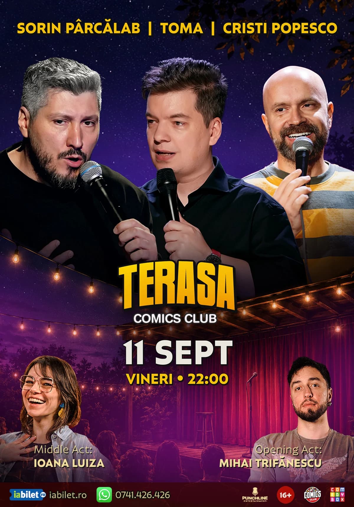 Afiș pentru Stand-up cu Cristi Popesco, Toma, Sorin Pârcălab și Dan Birtaș pe Terasa ComicsClub