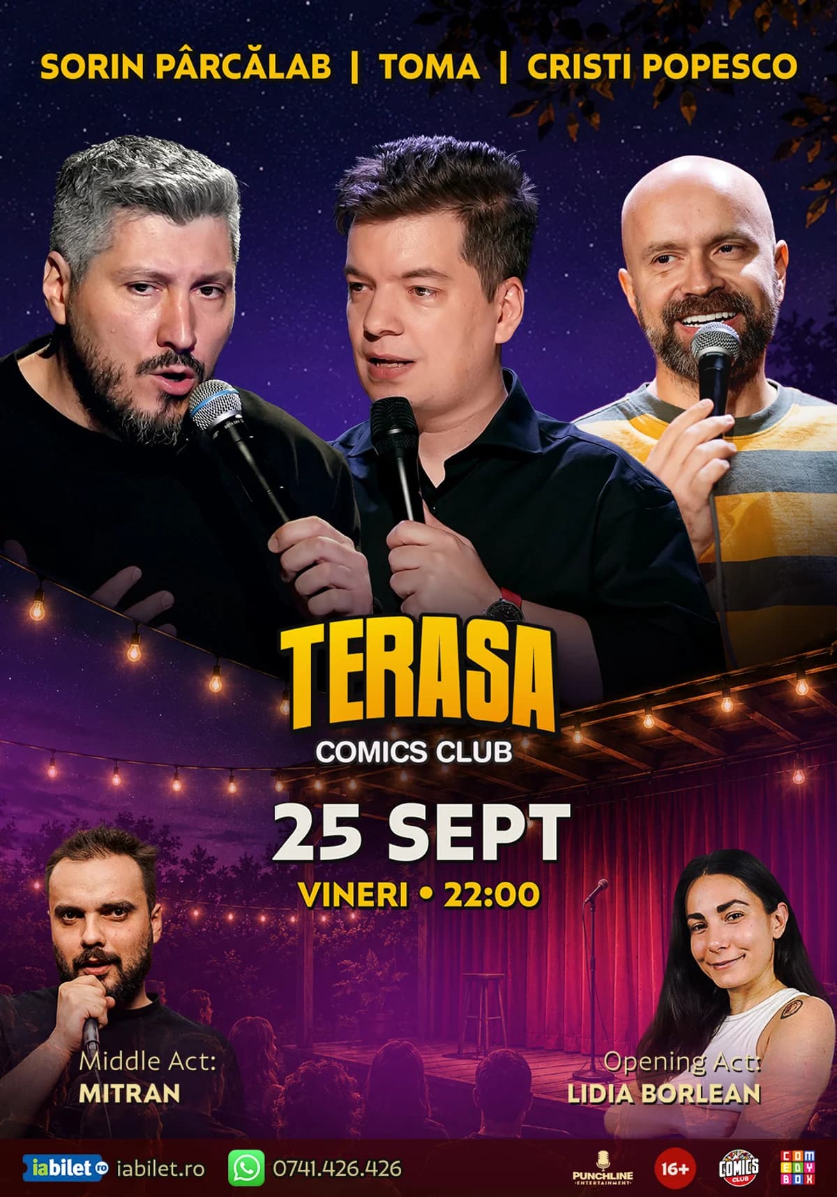 Afiș pentru Stand-up cu Cristi Popesco, Toma, Sorin Pârcălab și Virgil pe Terasa ComicsClub