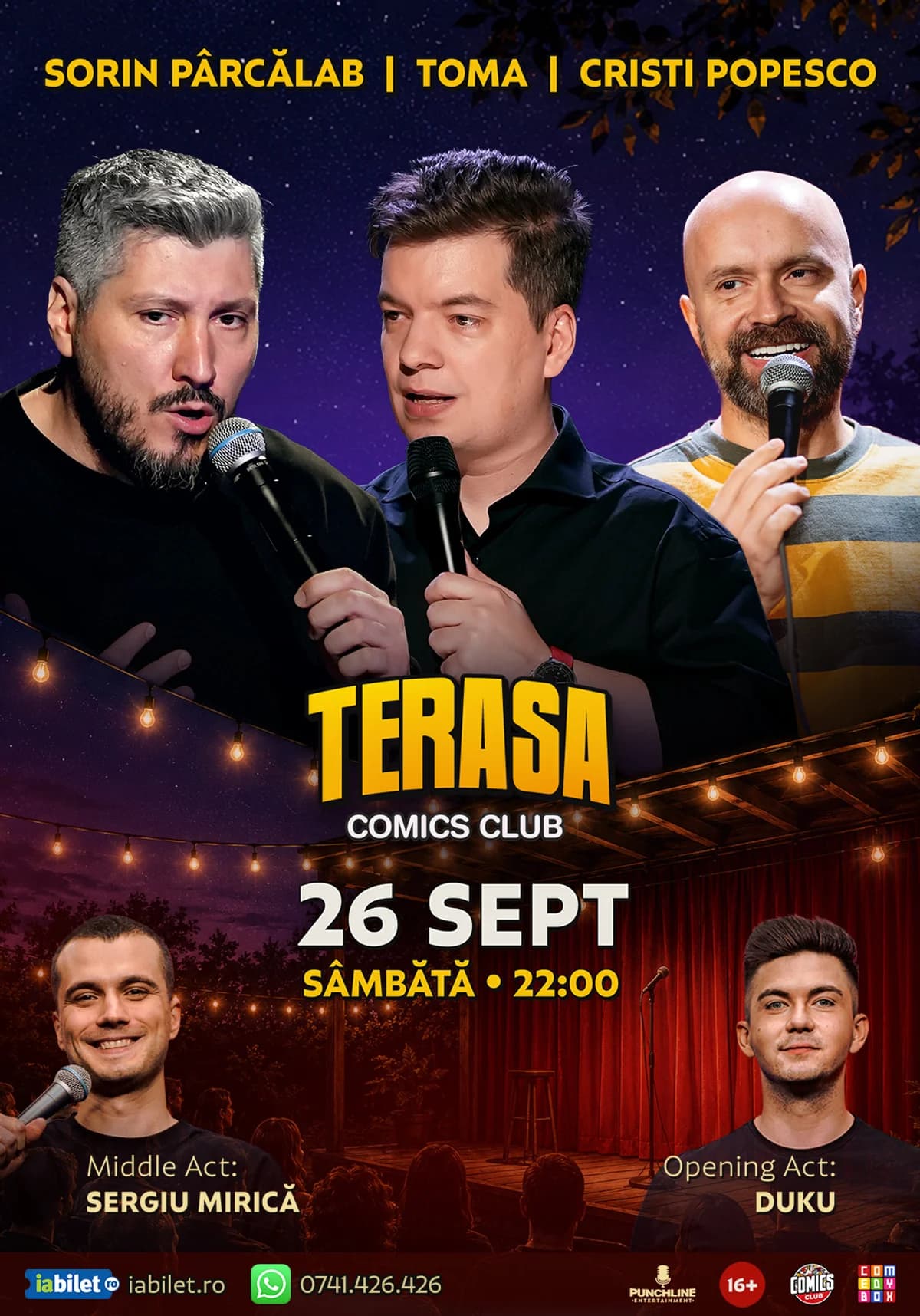 Afiș pentru Stand-up cu Cristi Popesco, Toma, Sorin Pârcălab și Mirică pe Terasa ComicsClub