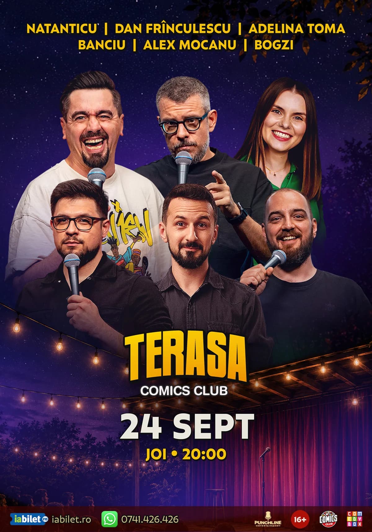 Afiș pentru Stand-up cu Natanticu, Banciu, Frînculescu, Alex Mocanu, Bogzi și Adelina Toma pe Terasa ComicsClub