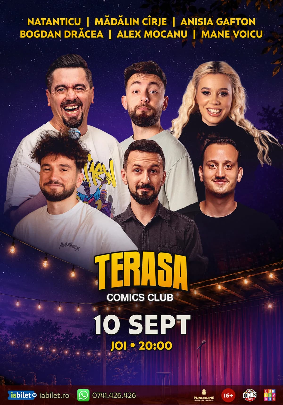 Afiș pentru Stand-up cu Natanticu, Drăcea, Anisia, Cîrje, Alex Mocanu și Mane Voicu pe Terasa ComicsClub