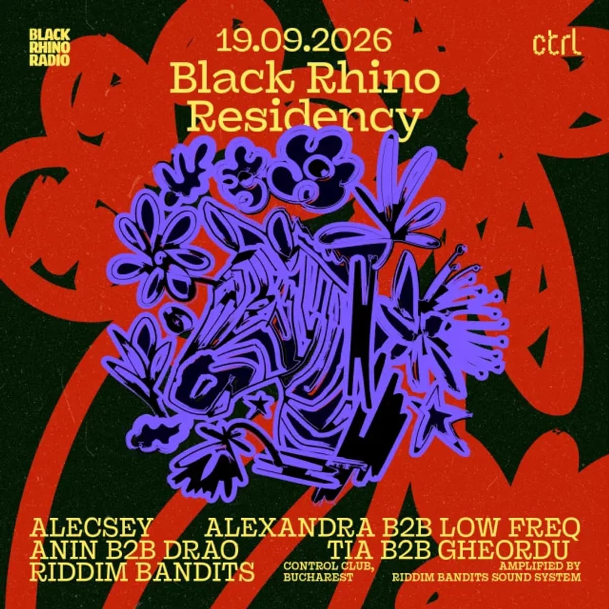 Afiș pentru Black Rhino Residency x Alecsey, Alexandra, Anin, Drao, Gheordu, Low Frea, Riddim Bandits, Tia