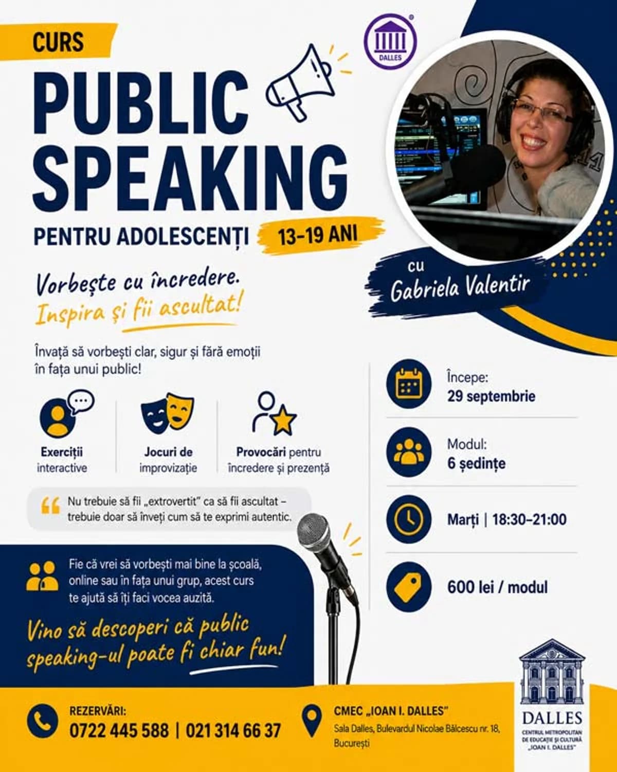 Afiș pentru Curs de Public Speaking pentru adolescenți (13–19 ani)