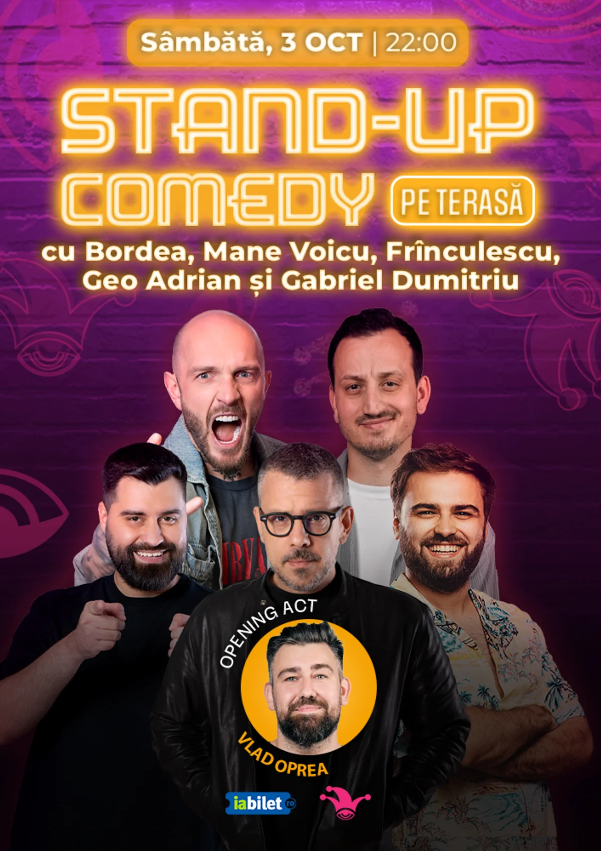 Afiș pentru The Fool Terasa: Stand-up comedy cu Bordea, Mane Voicu, Frînculescu, Geo Adrian și Gabriel Dumitriu