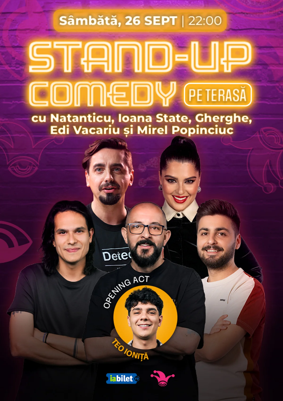 Afiș pentru The Fool Terasa: Stand-up comedy cu Natanticu, Ioana State, Gherghe, Edi Vacariu și Mirel Popinciuc